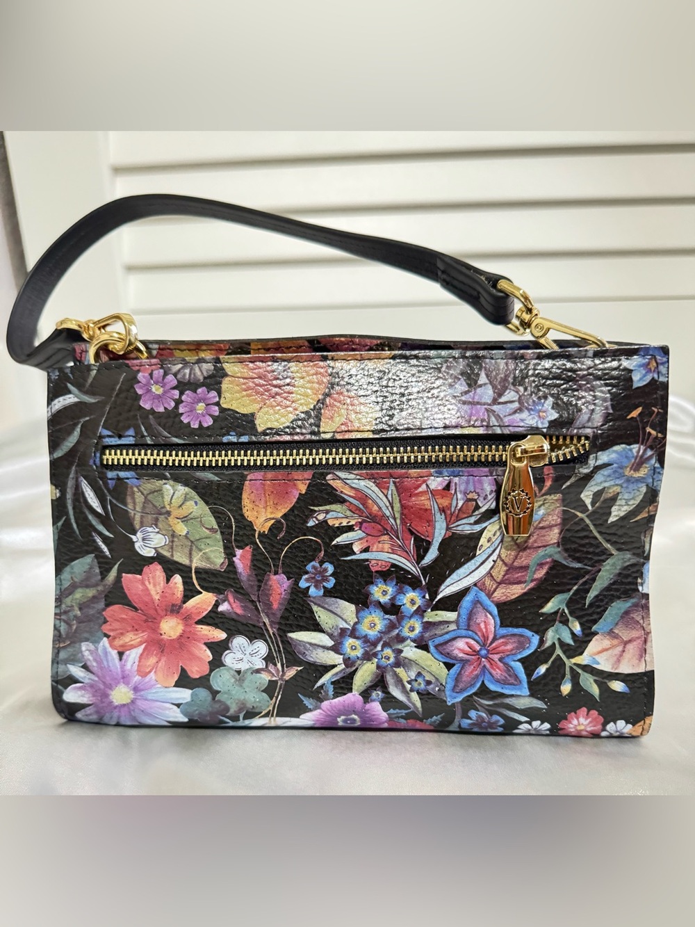 Valentina Floral Print Leather Hand Bag - Black Multicolor